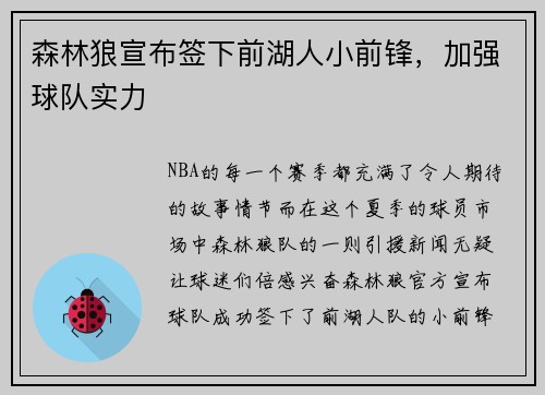 森林狼宣布签下前湖人小前锋，加强球队实力